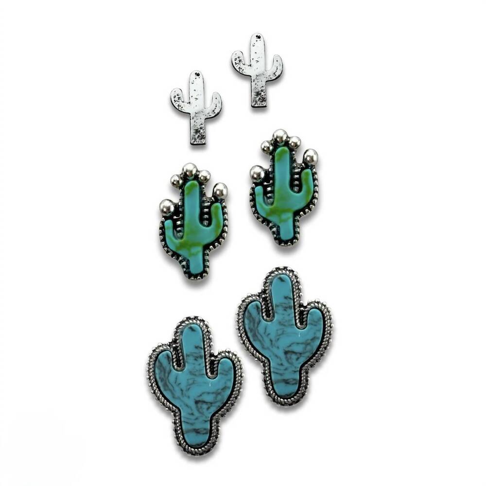 NEW PINK PANACHE women's cactus three pairs earring set in turquoise silver